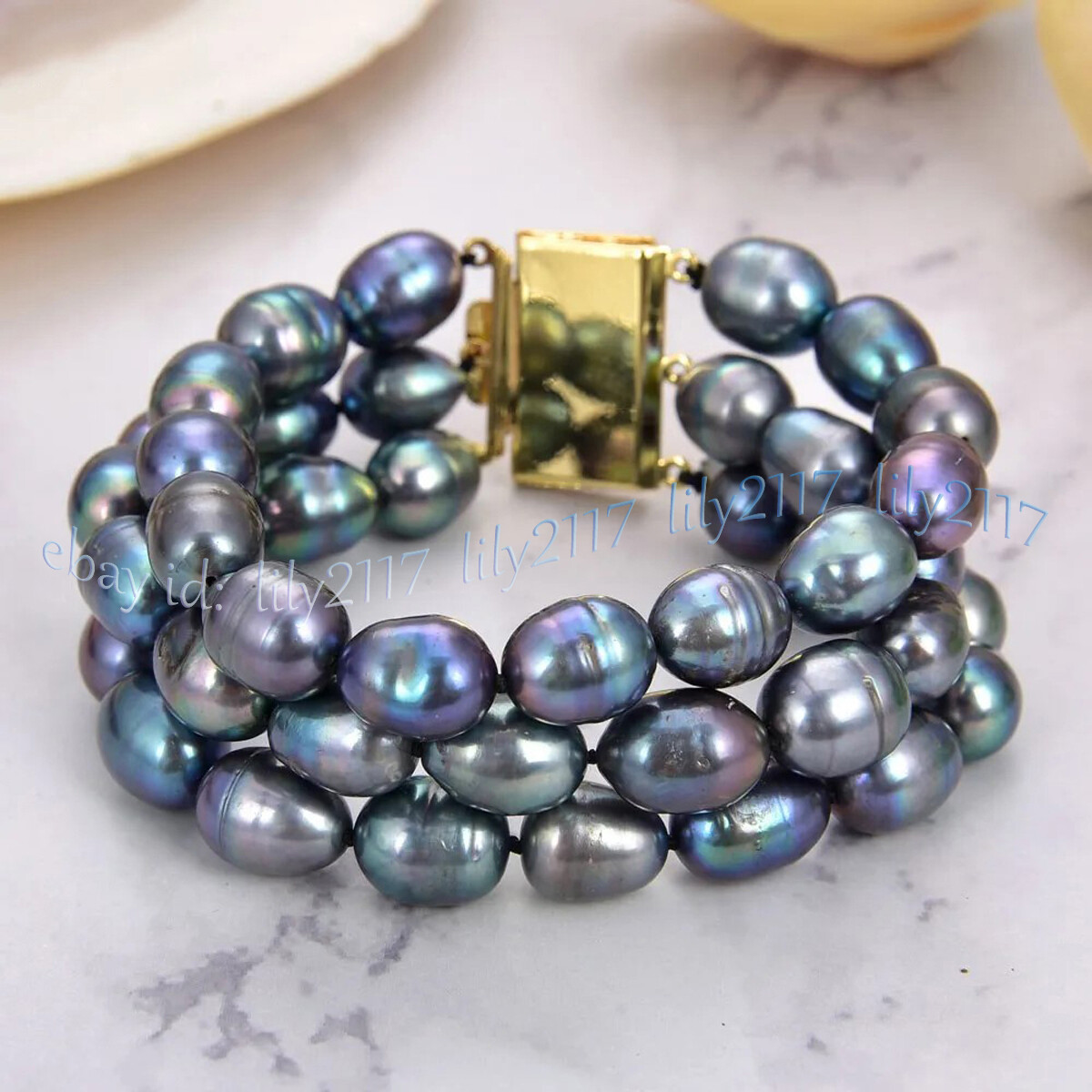 3 Rows Natural Peacock Black Freshwater Baroque Rice Pearl Bracelet 7.5” 6-12mm