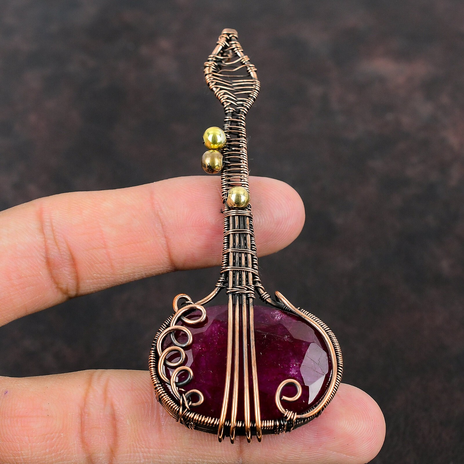 Gift For Her Copper Gemstone Jewelry Handmade Wire Wrapped Guitar Pendant 3.62″