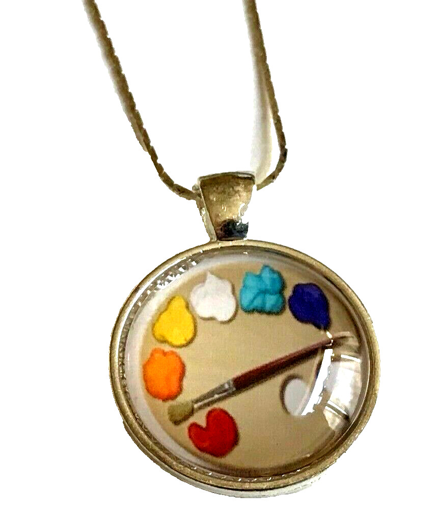 Glass Dome Art Palette Necklace 18″ Artist Gift Hobby Painting Paint Silver Tone