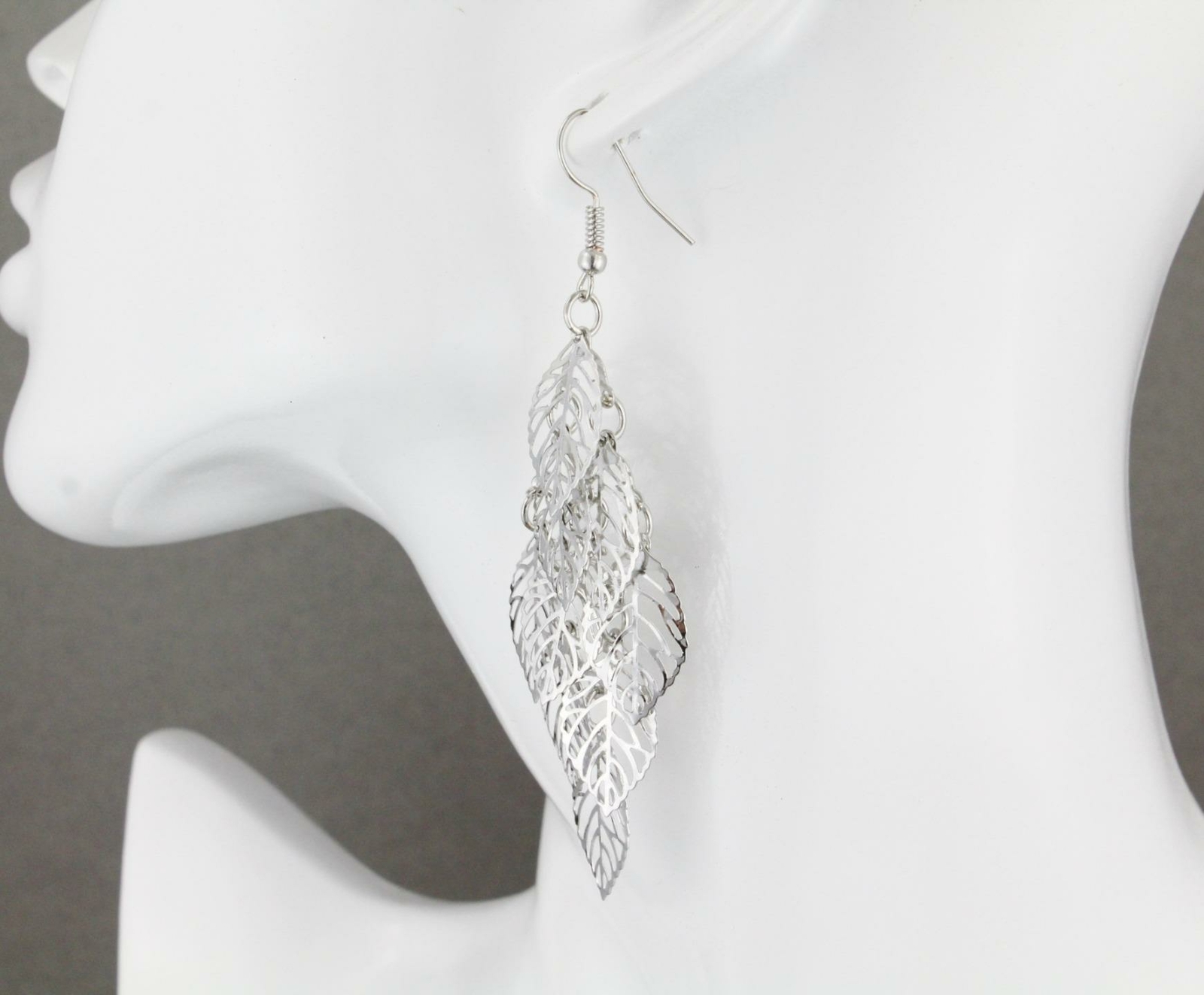 Silver chandelier earrings filigree leaf dangle pendant wiggly leaves 3.25″ long