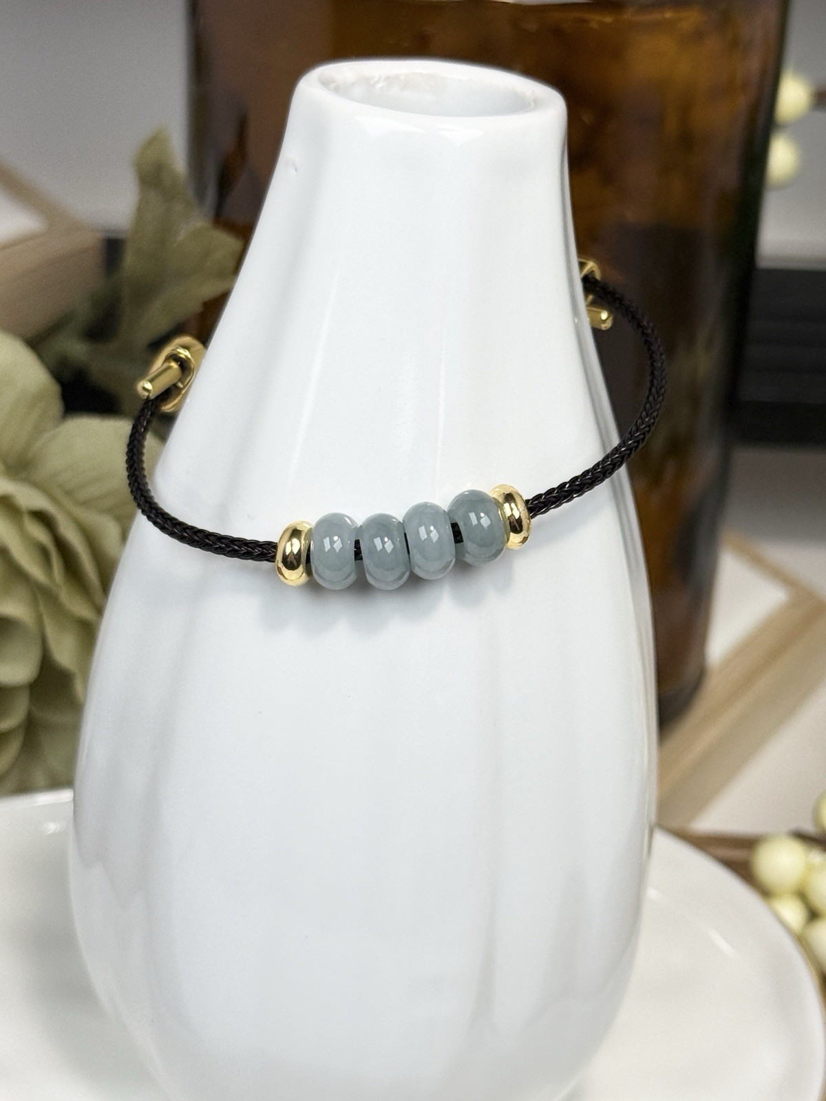 Blue Water Jade Blue Donut Pendant Bracelet 8MM on Black Adjustable Nylon Cord