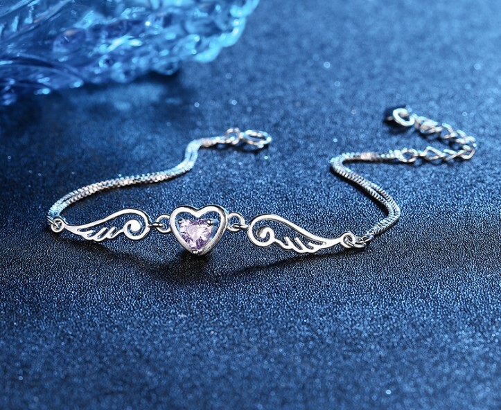 8″ Women Girl Amethyst Angel Wing Heart Chain Sterling Silver Bracelet Gift B14