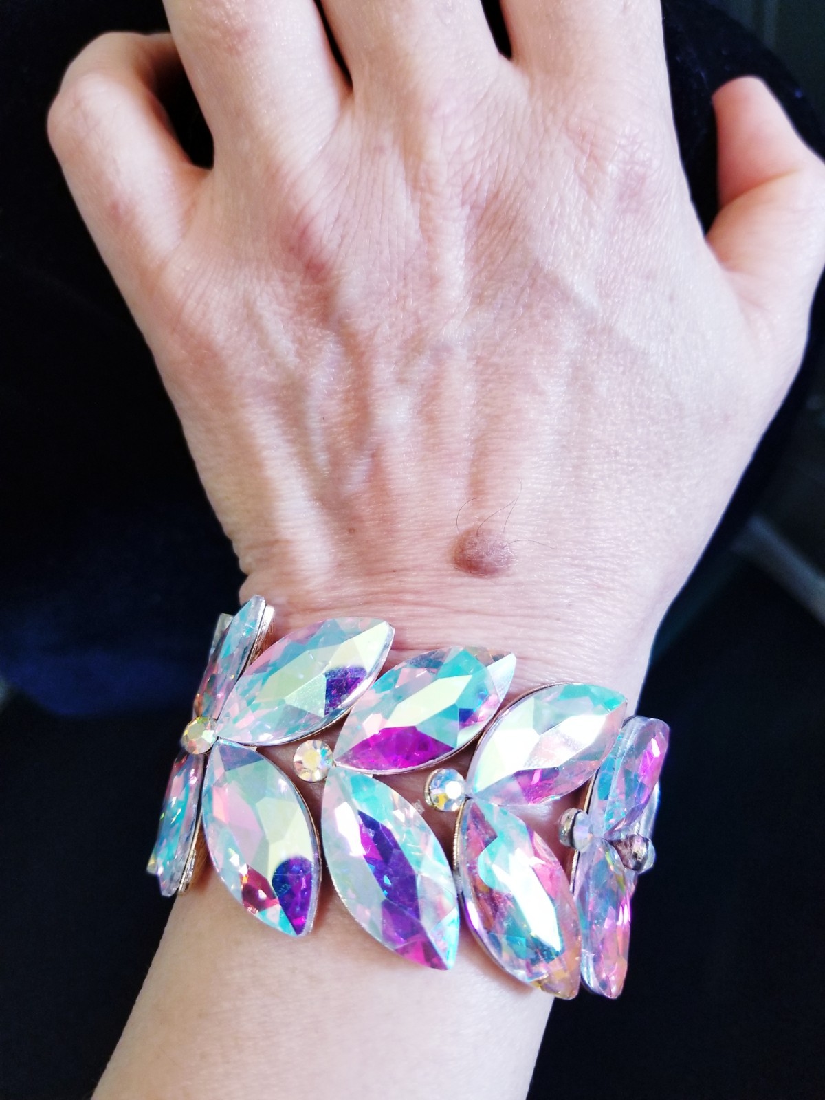 Iridescent Gold Rhinestone Stretch Bracelet Statement Drag Pageant Prom Bridal
