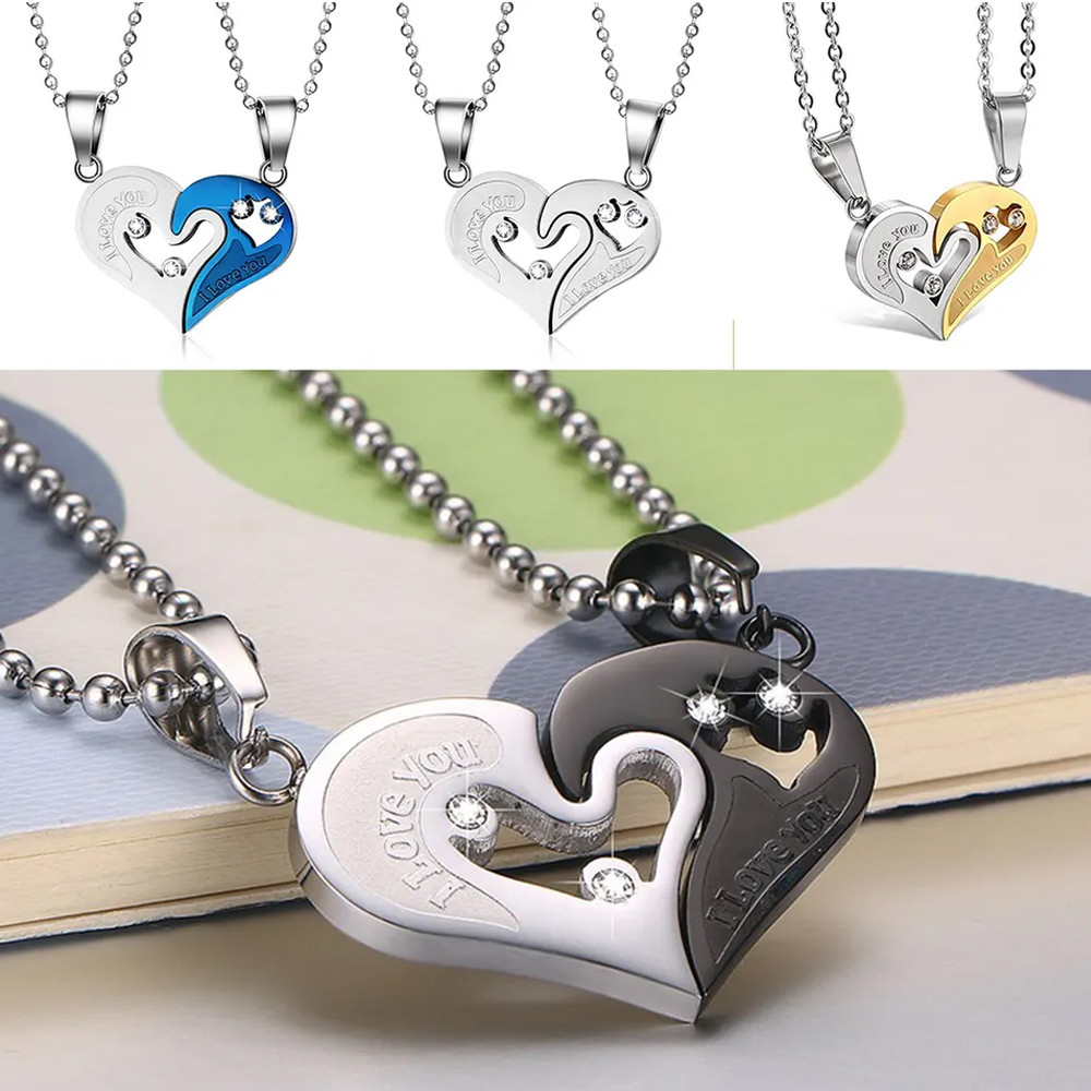 Mens Womens Couple Pendant Necklace His and Hers Gift Stainless Steel Love Heart