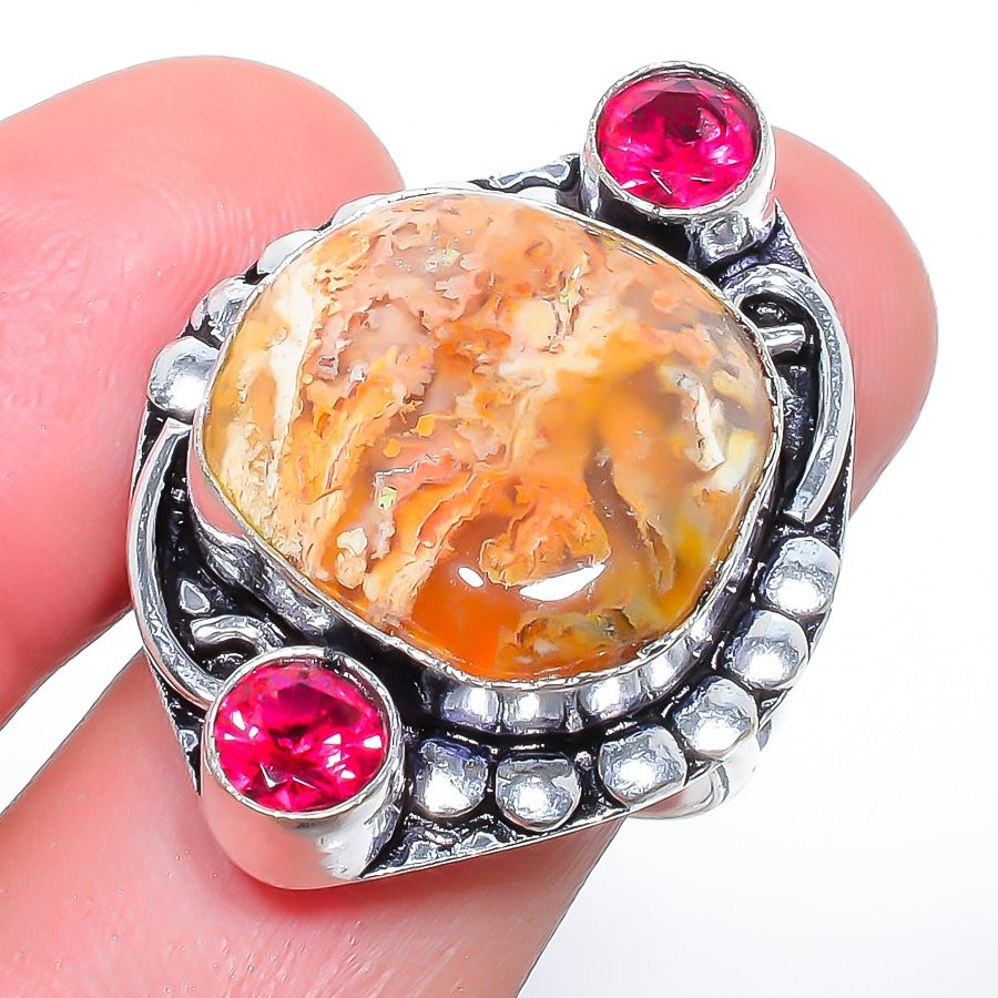 Natural Plume Agate & Rubellite Gemstone 925 Silver Plated Ring s.8.5 S29