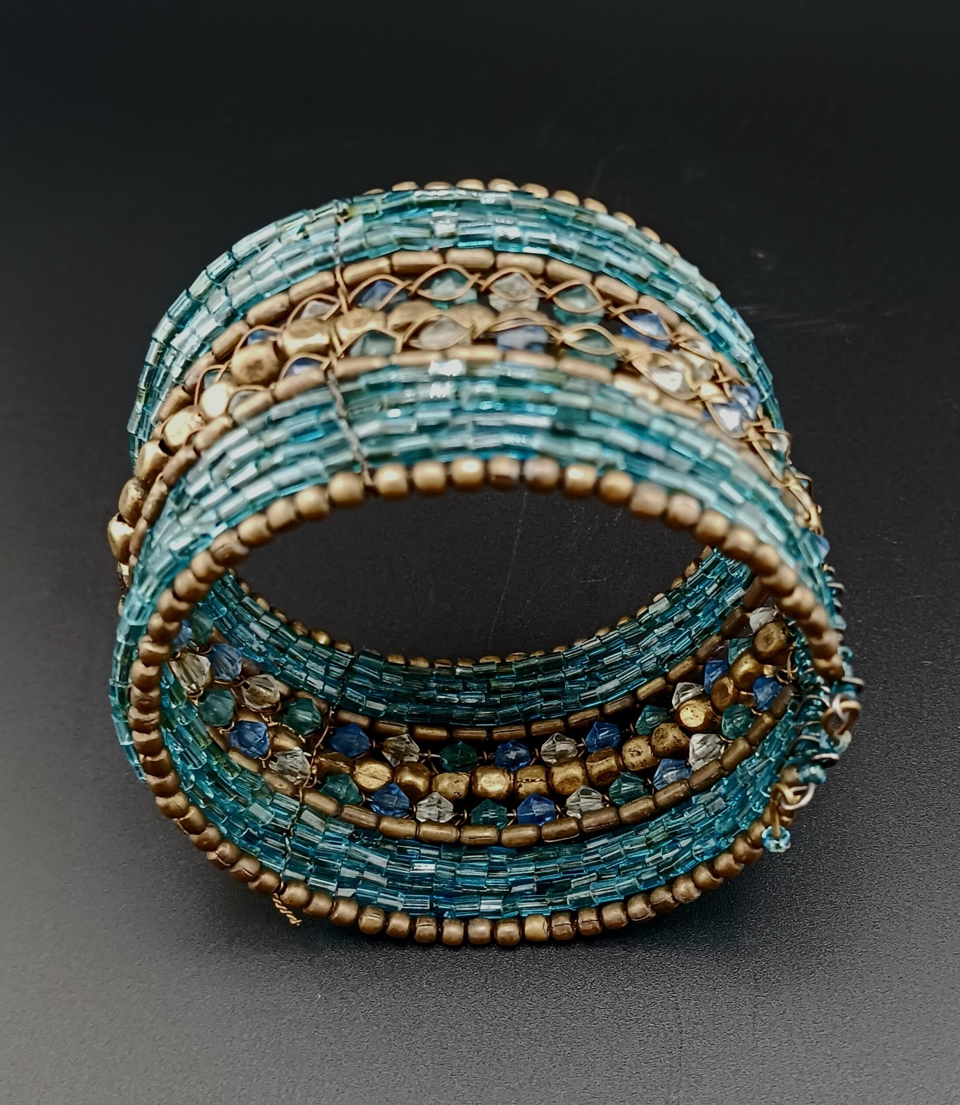 Cool Turquoise Brass Colored Beaded Fashion Flexible Bracelet