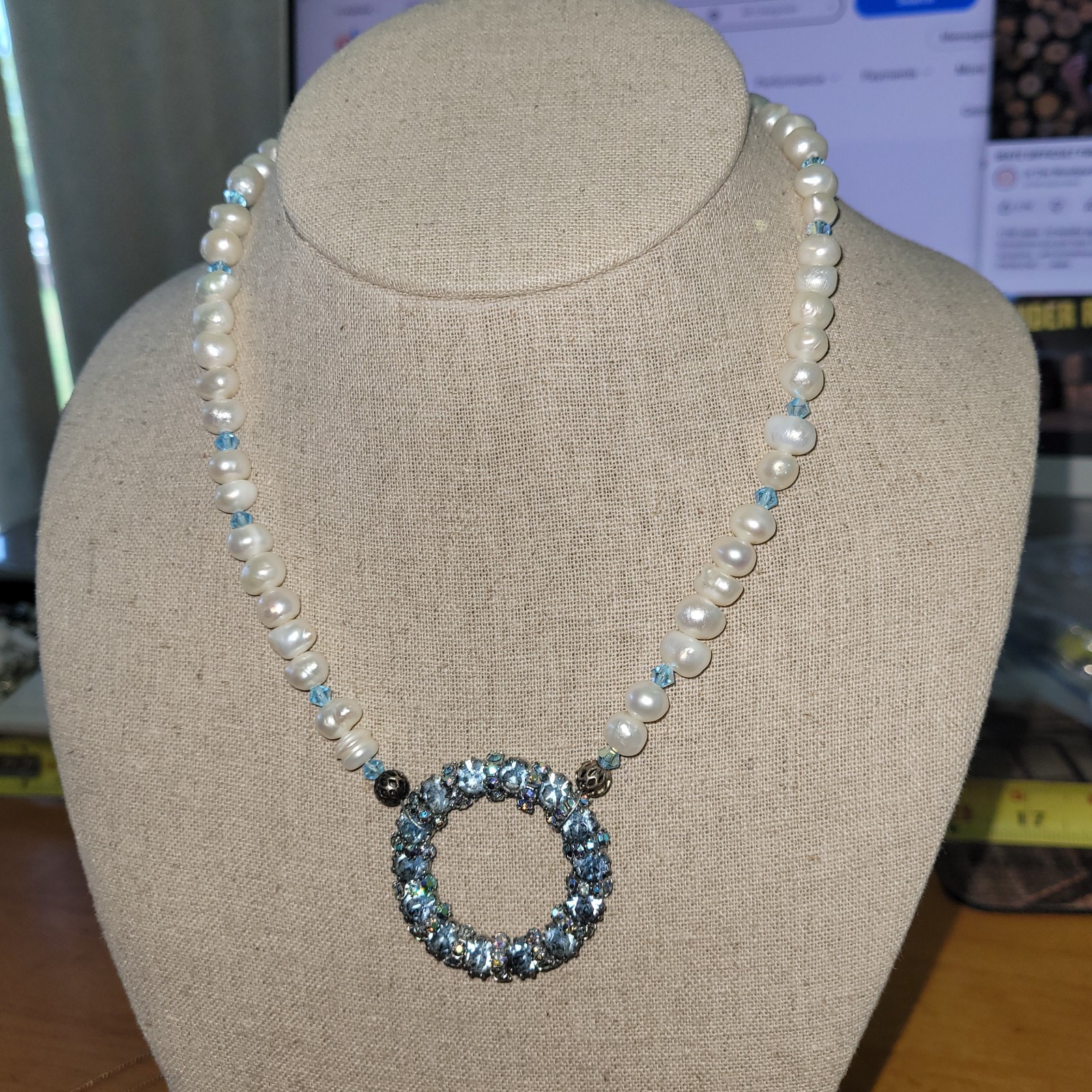 Freshwater Baroque Pearl Necklace Blue Crystal Rhinestone Circle Slide Pendant
