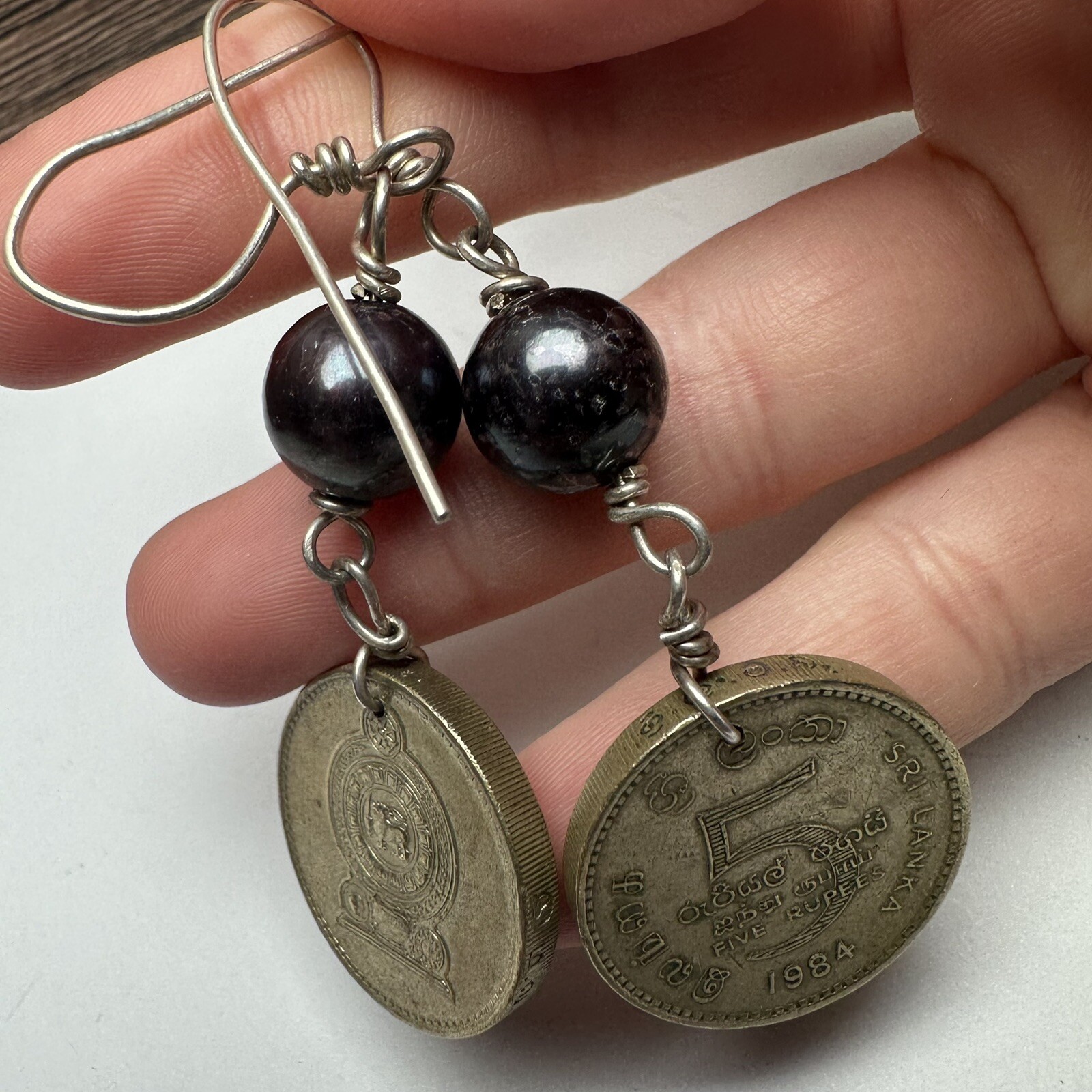 Sri Lanka 5 Rupees Coin Beaded Dangle Drop Pierced Earrings