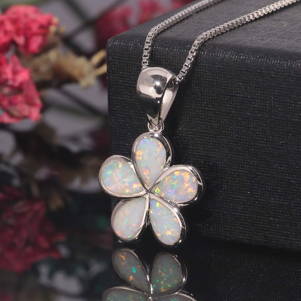 Hawaiian 15mm White Fire Opal Plumeria Necklace Silver Filled For Women Girls