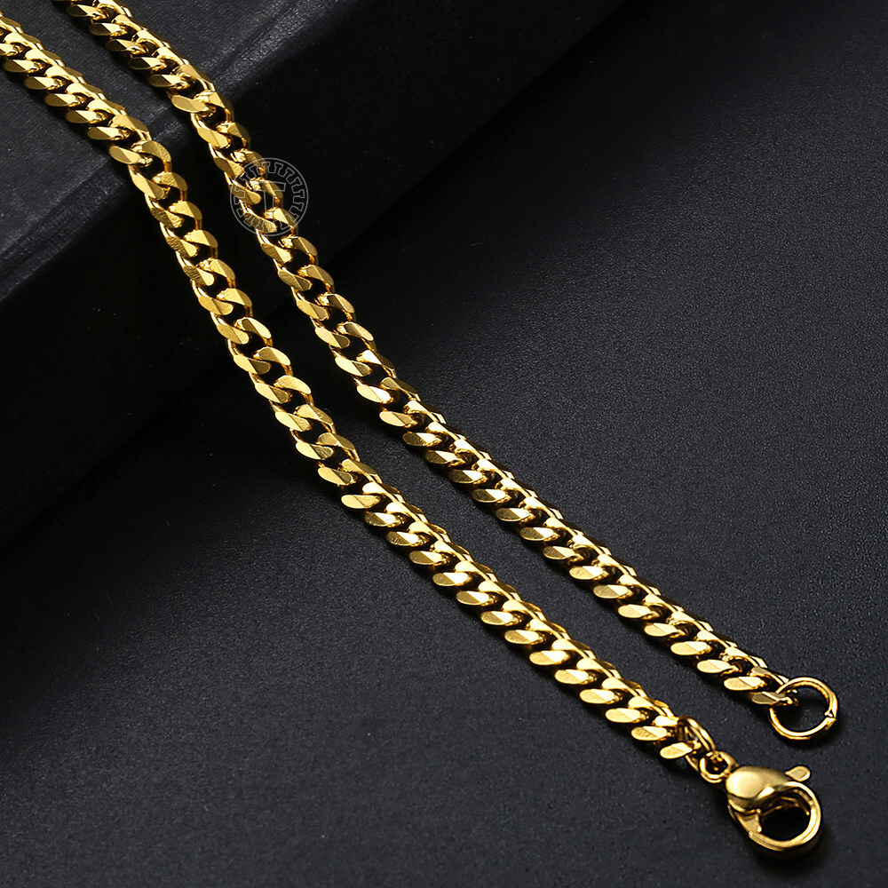 3MM Gold Plated Stainless Steel Curb Chain Necklace Bracelet Jewelry Set 7-30IN