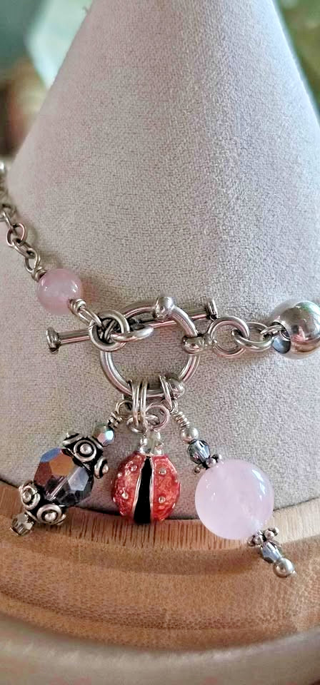 925 Silver Ladybug Charm Bracelet 8.25″ Artisian Made Rose Quartz Crystal Gift