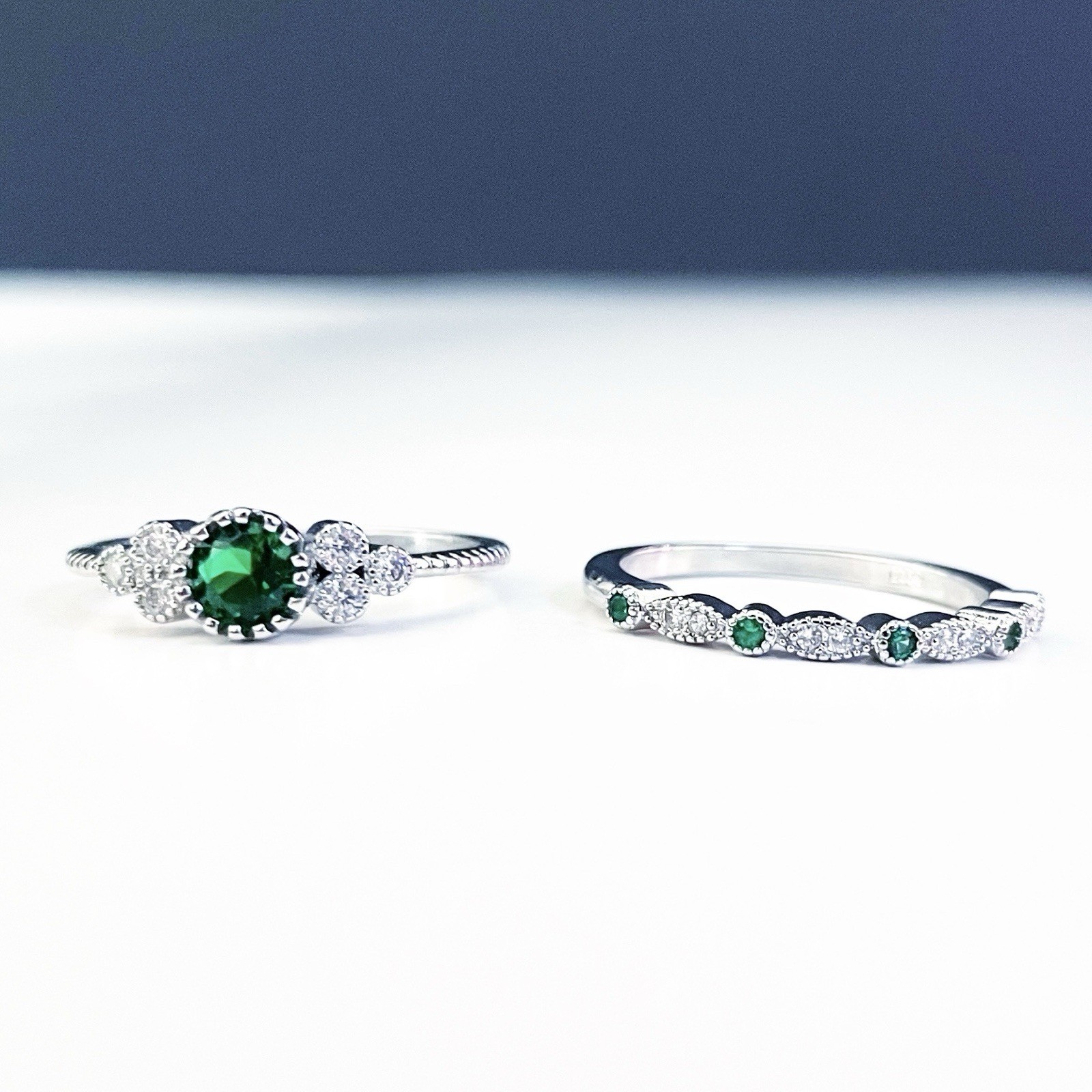 Sterling Silver 925 Ring Set Green Emerald Cubic Zirconia Size 9 Womens