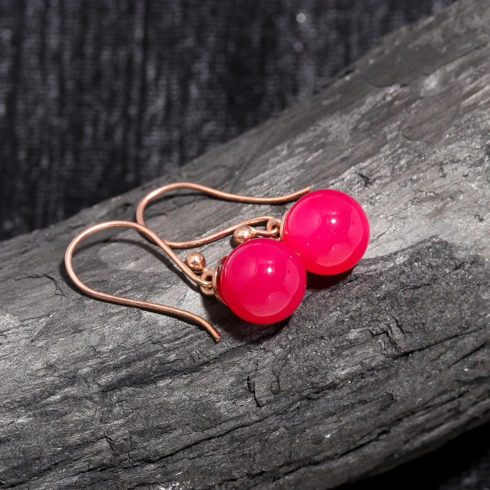 Natural Pink Chalcedony Ball Dangle Earrings Rose Gold Fill Solid Silver Jewelry
