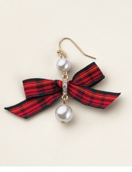 Avon Christmas Plaid and Pearly Festive Bow Necklace and Earrings gift Set Rare
