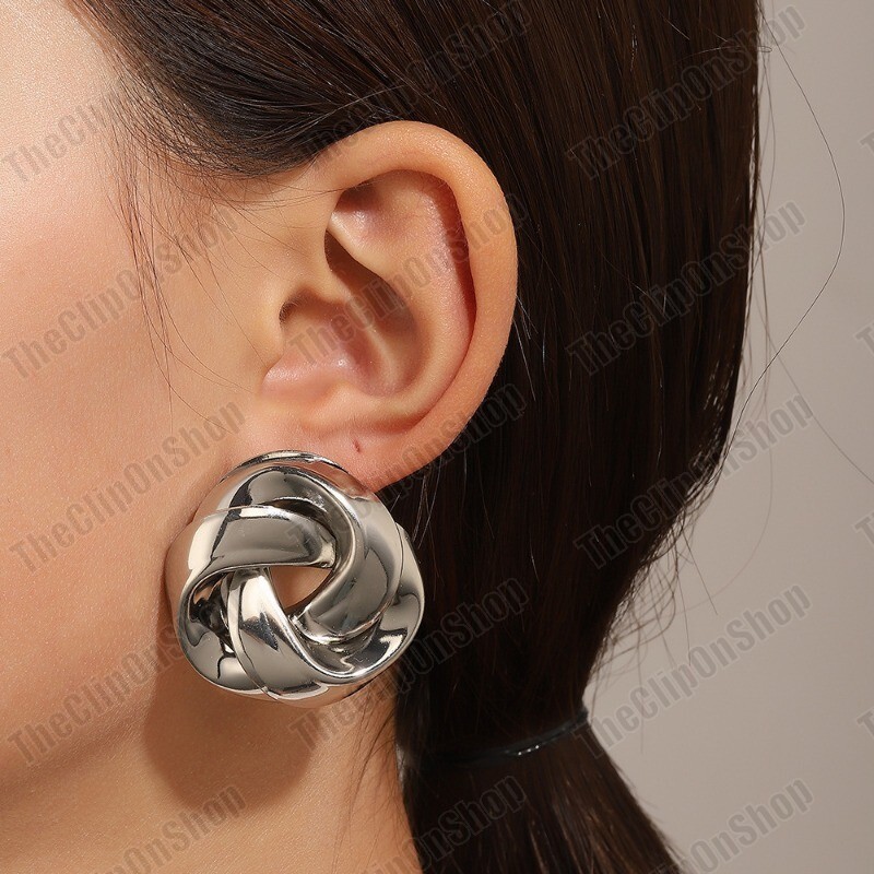Clips/Studs LARGE 3.5cm BIG KNOT STUD EARRINGS retro GOLD/SILVER TONE metal UK