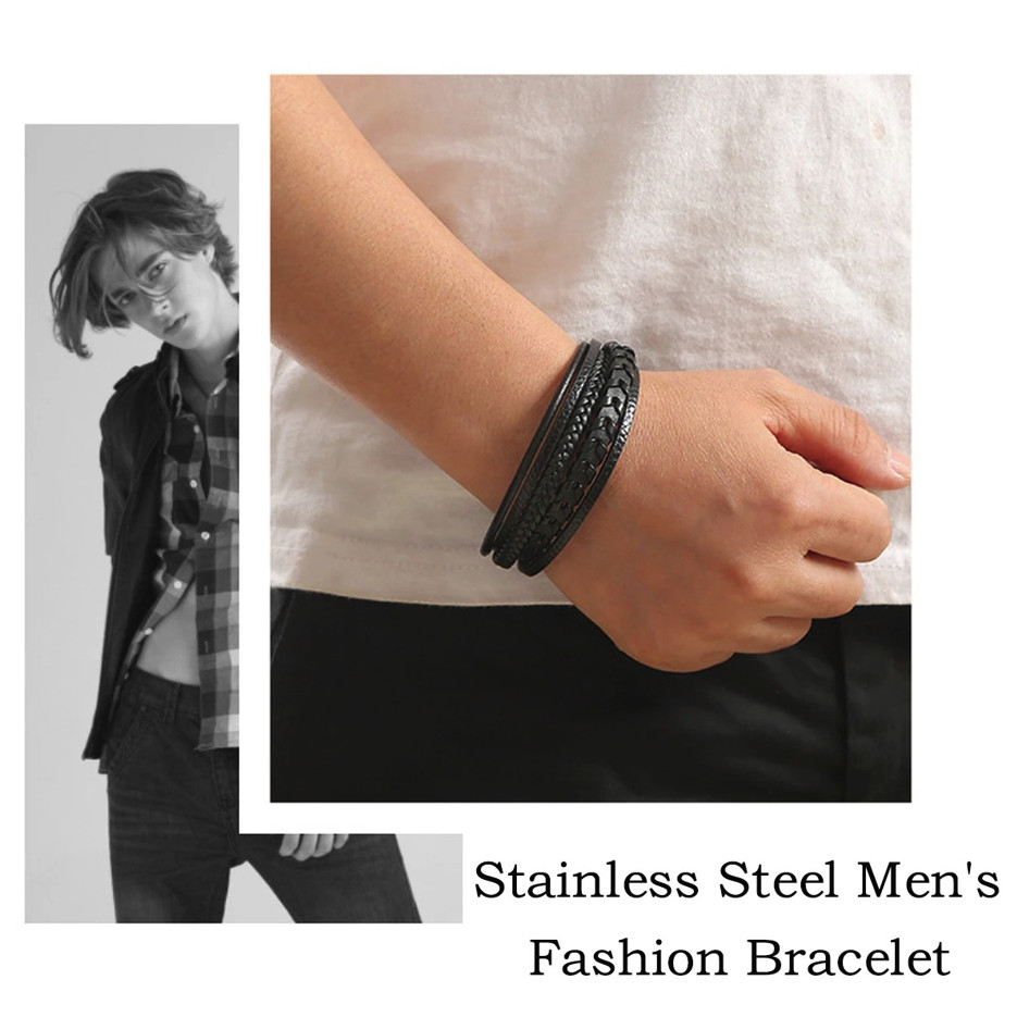 1pc Men’s Multilayer Leather Rope Bracelet Alloy Magnetic Buckle Bangle – NEW