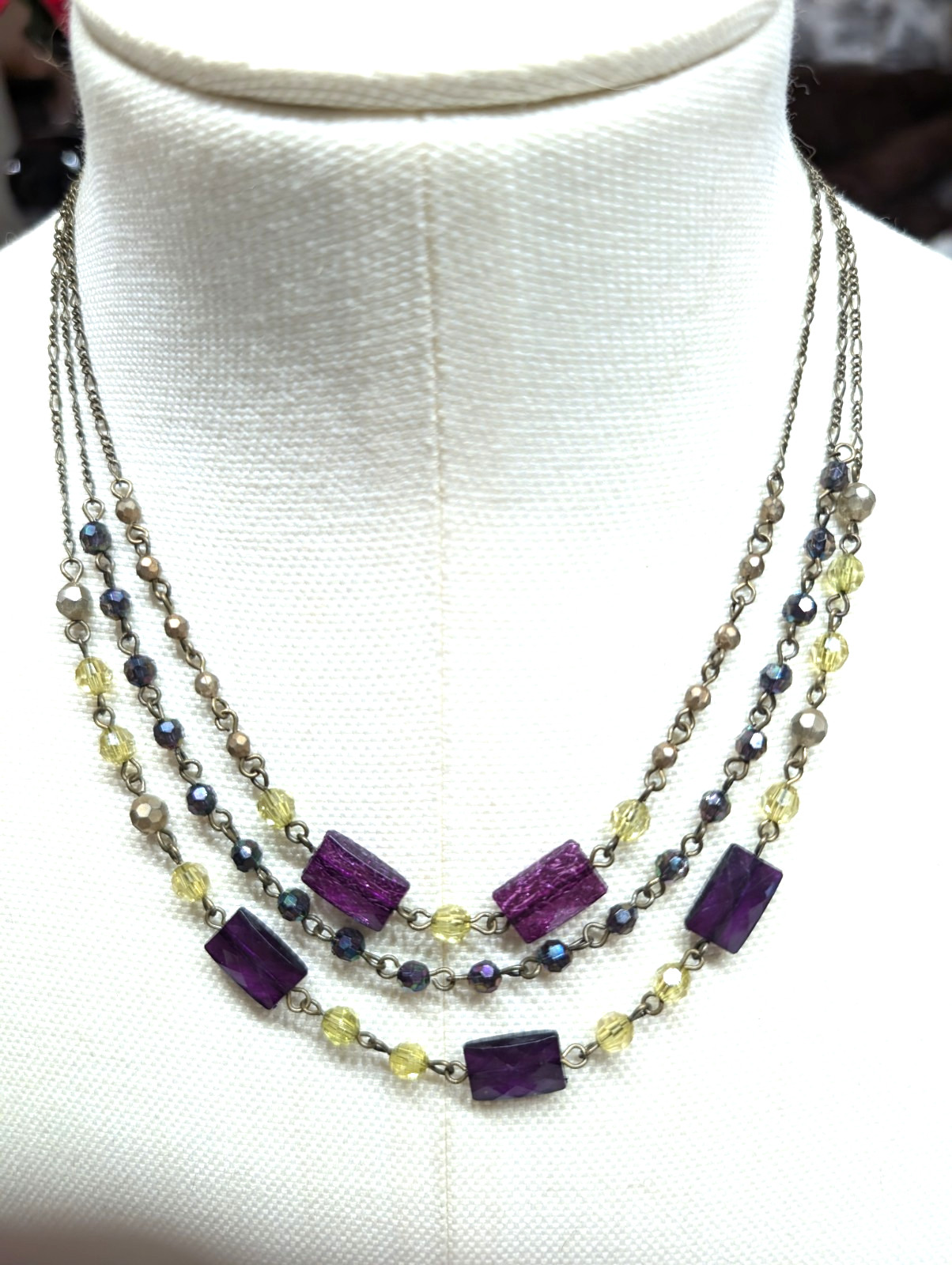 3 Strand Choker Necklace Purple Oblong Chunks w/Yellow & Tiny Brass Beads