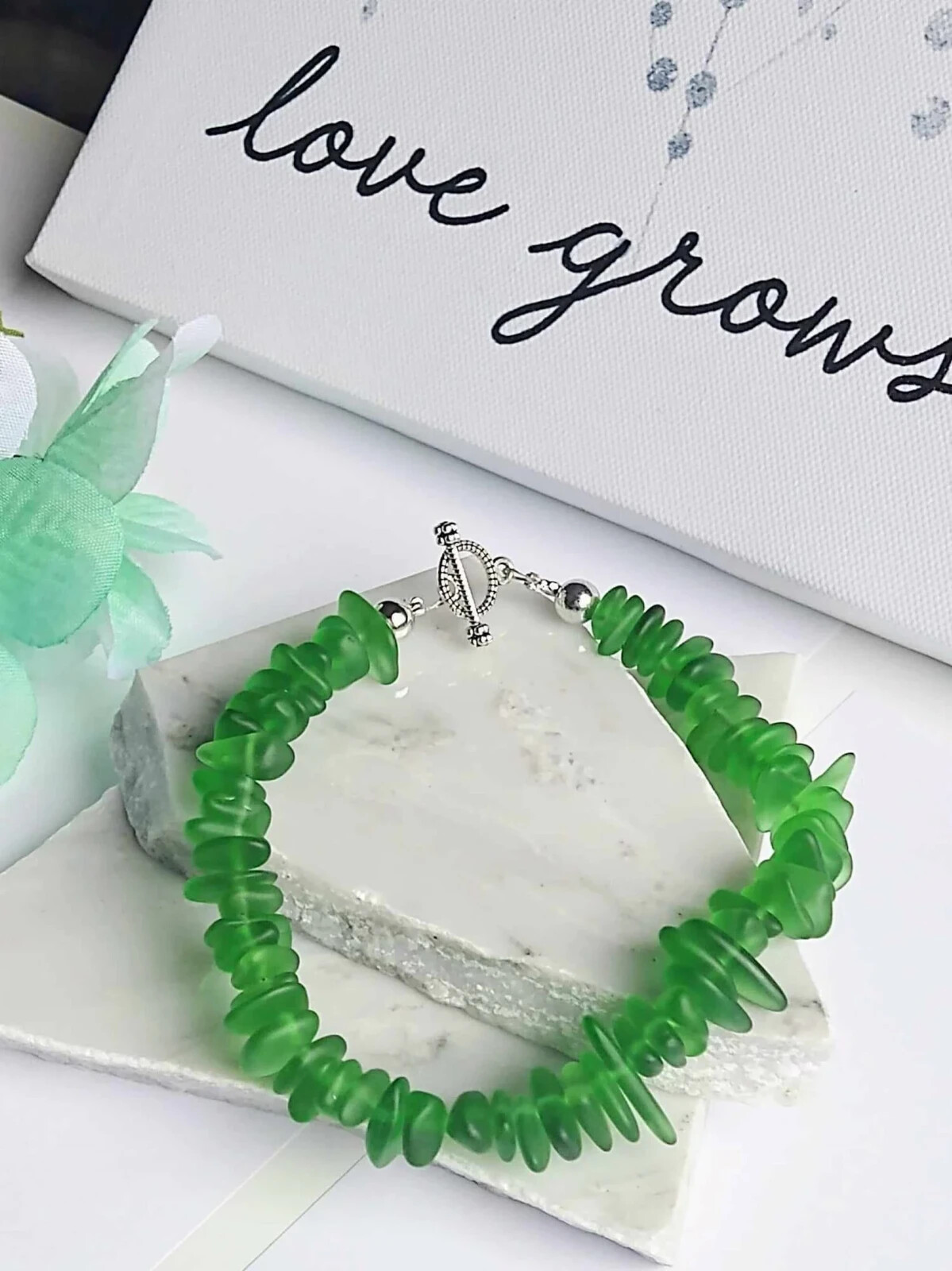 Green Sea Glass Beach Strand Silver Bracelet, Beach Fashion, Beach Lover’s Gift