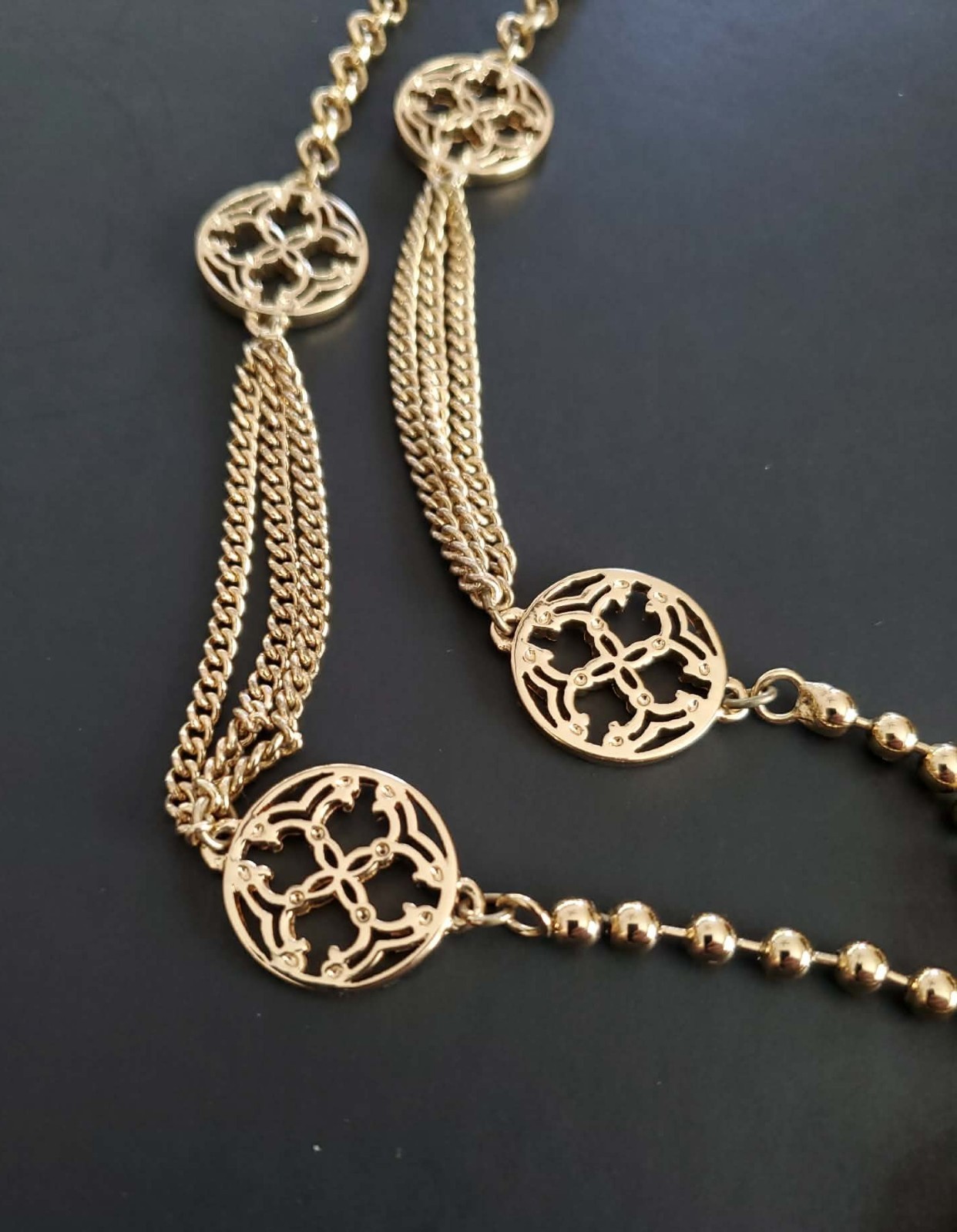 Gold Tone Tassel Pendant Boho Statement Filigree Chain Necklace Long 38”
