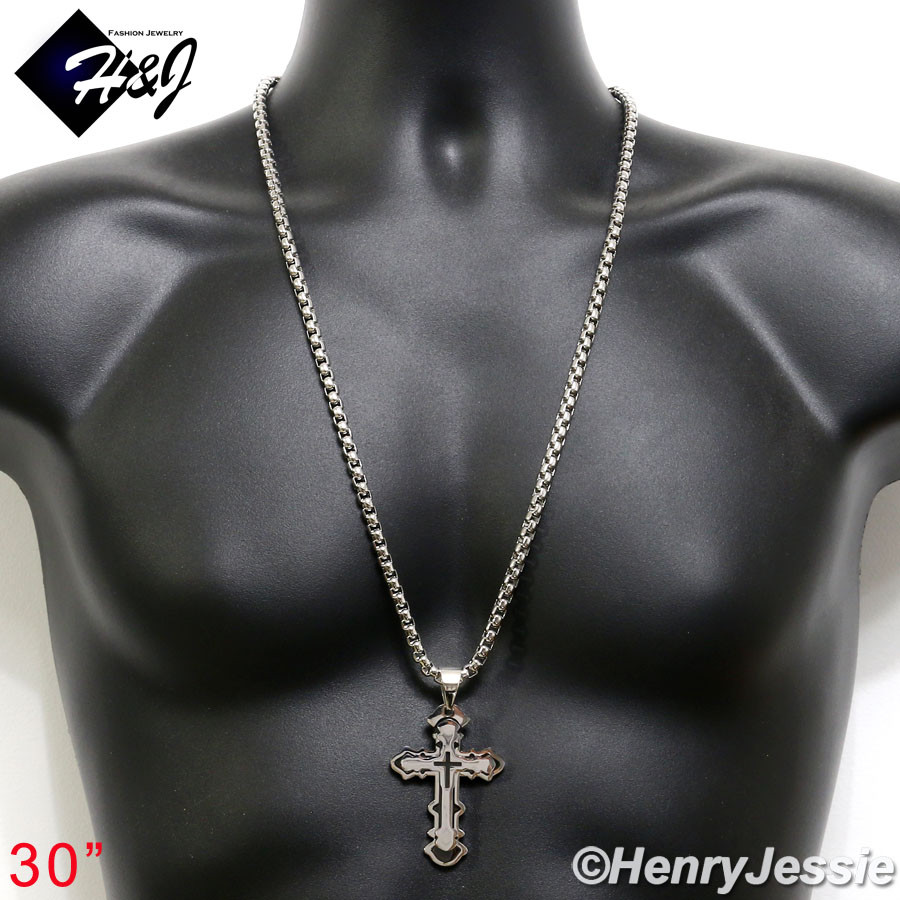 30″MEN Stainless Steel 5mm Silver Box Link Chain Black Plated Cross Pendant*BP72