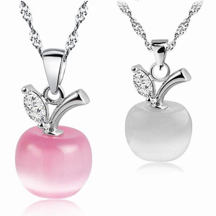 Apple Crystal Pendant Necklace Silver Chain Teacher Gift Fruit Charm Jewelry