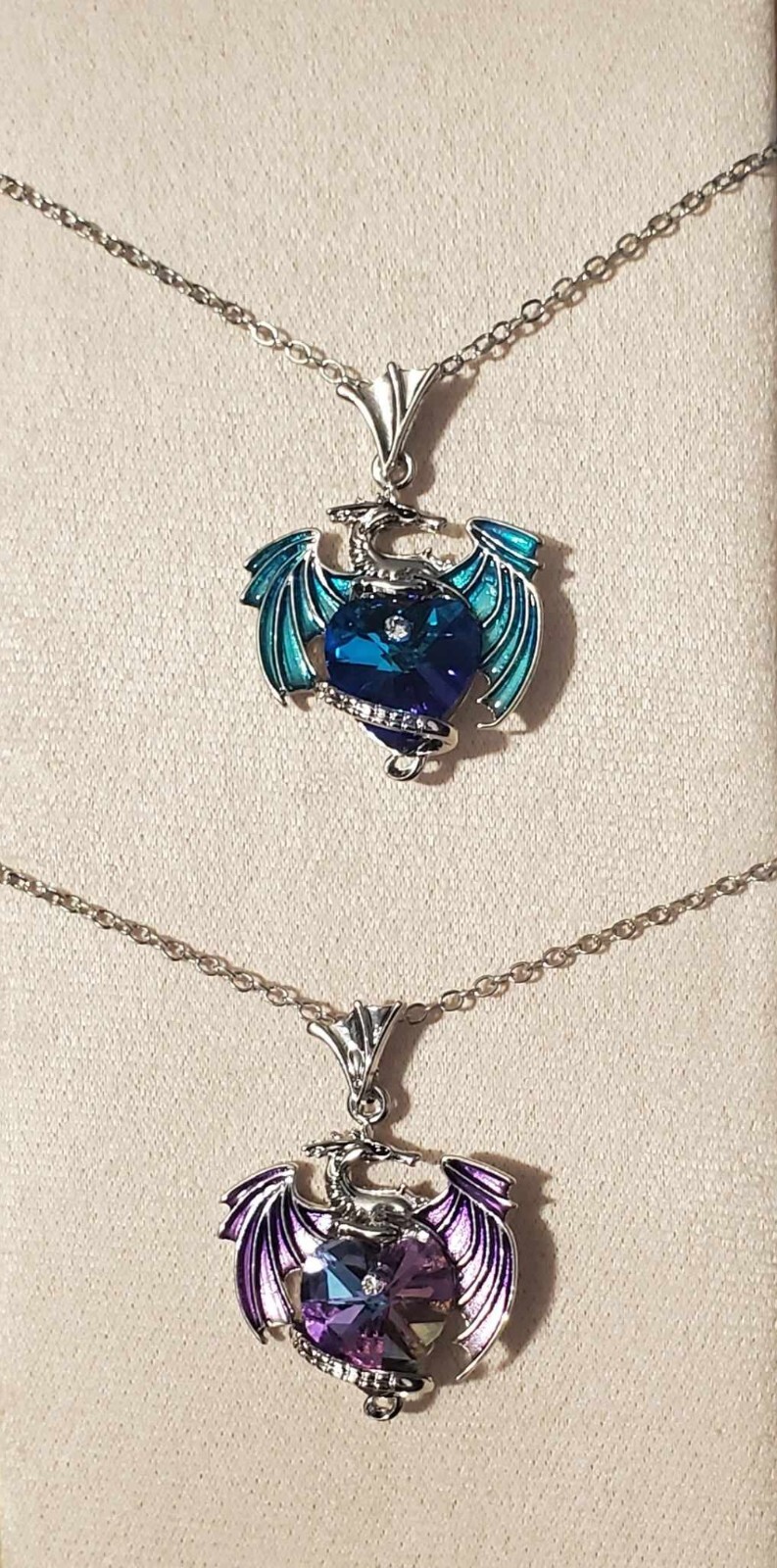 Gothic Dragon Wrapped Around Heart Pendant Chain Necklace – Purple / Blue 🐉