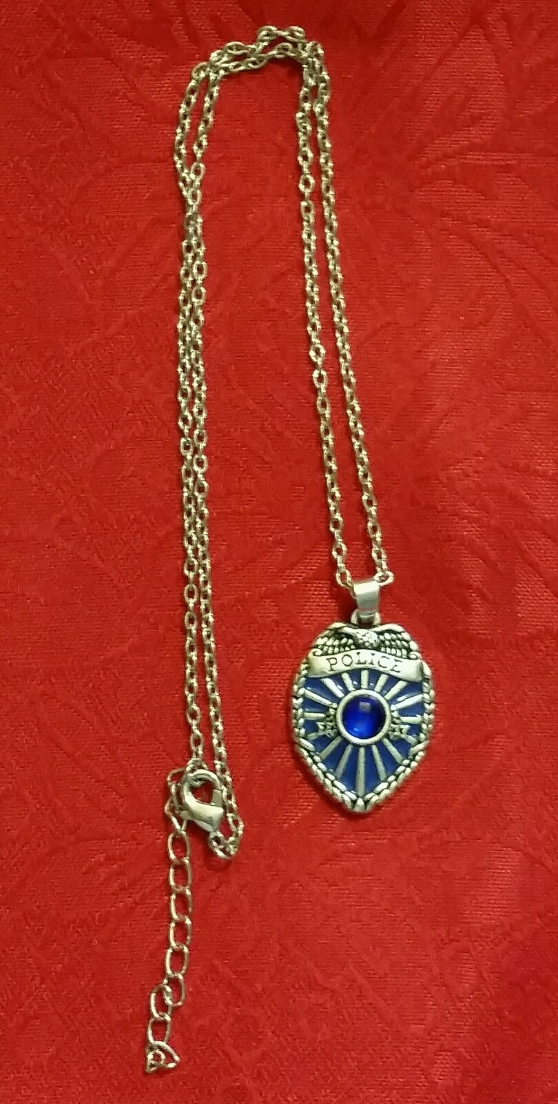18″ POLICE BADGE SILVER PLATED BLUE ENAMEL & BLUE FAUX CRYSTAL PENDANT NECKLACE