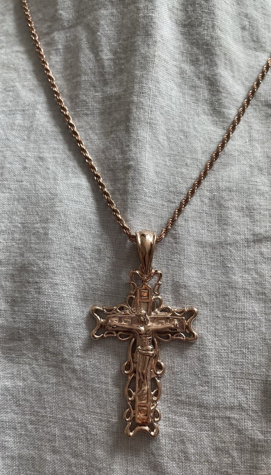 Rosegold Plated Over Sterling Silver Rope Necklace & Crucifix 18” 1.8MM
