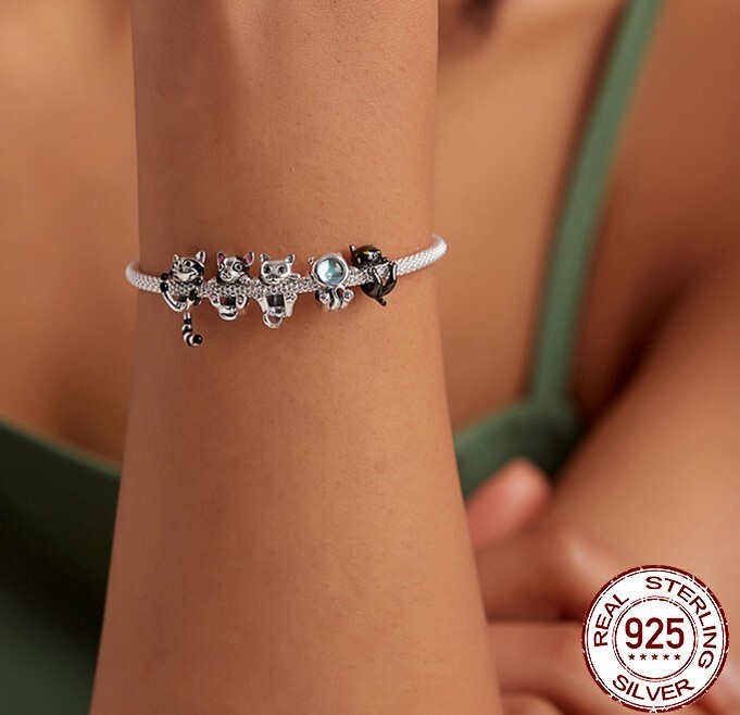 New S925 Sterling Silver Cute Black Cat Bracelet Charm universal size