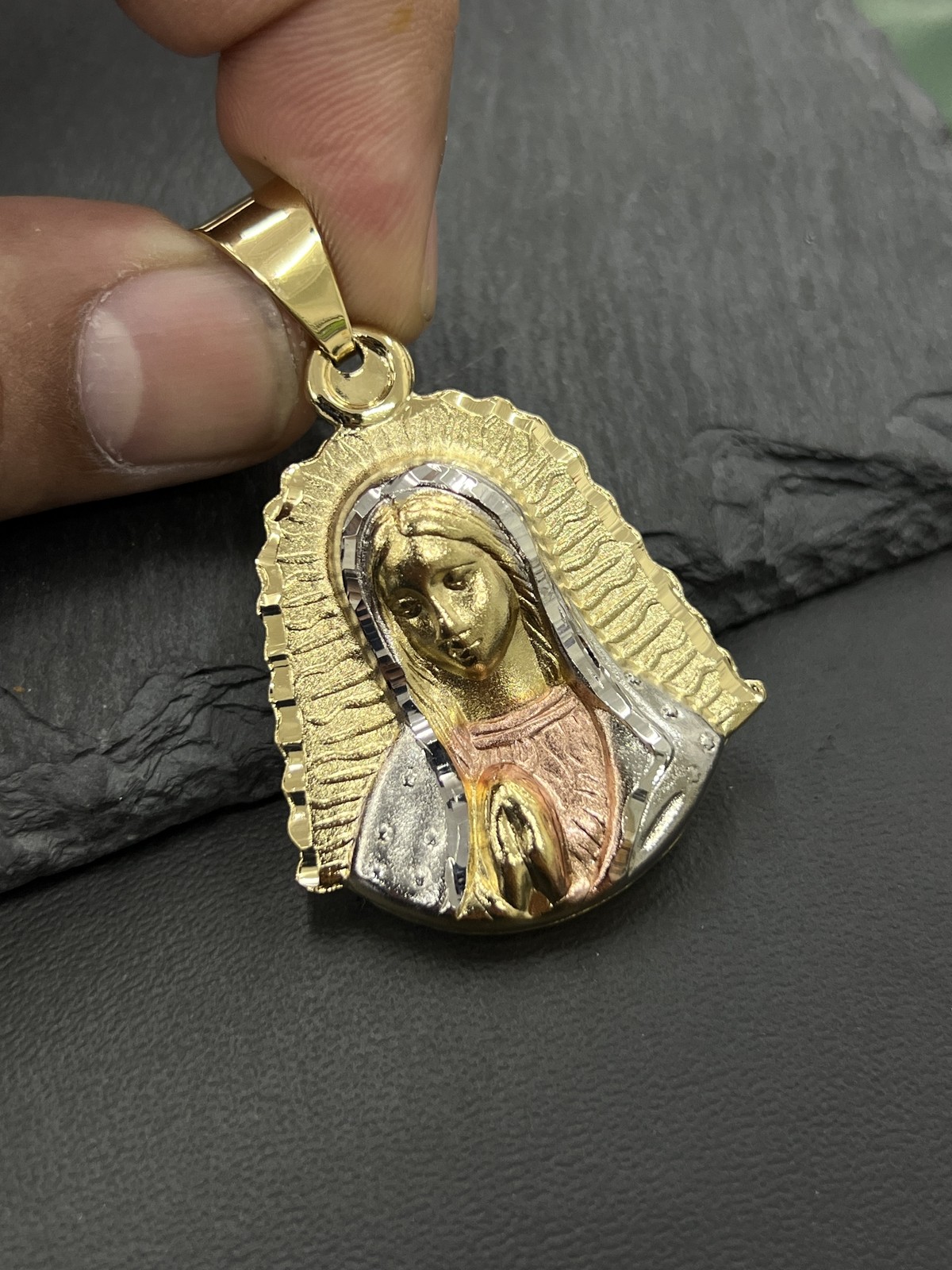 Elegant Minimalist Tri Color Virgin Mary Charm Pendant 43x35mm for Womens Gold F