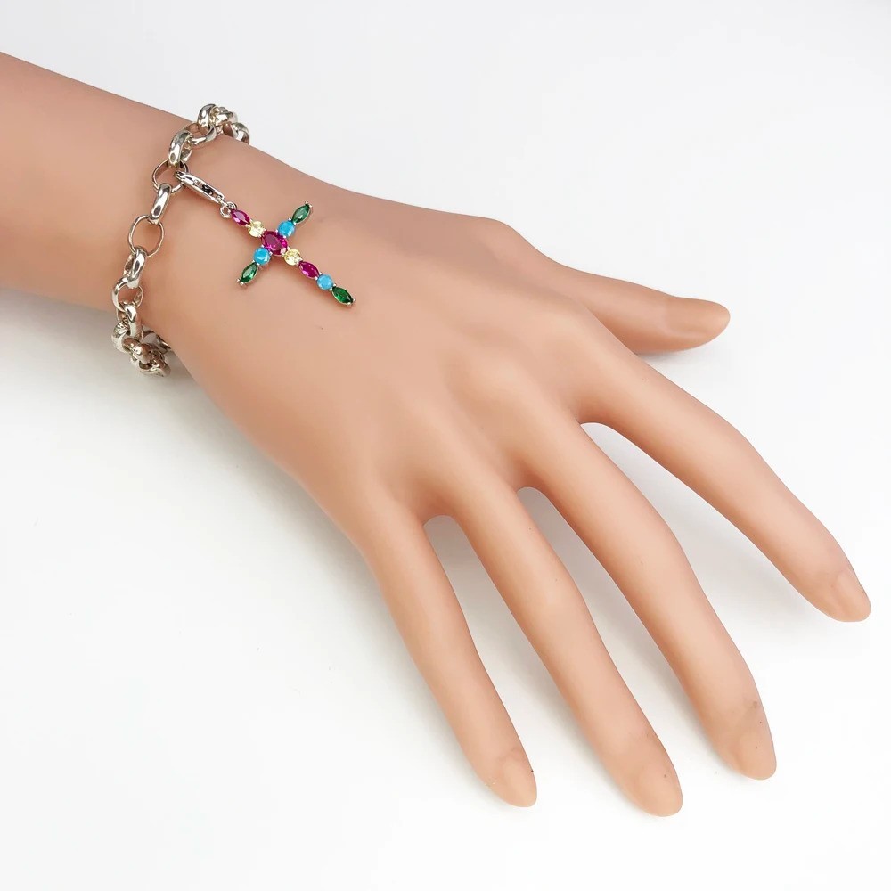 Multicolor Rainbow Exquisite Cross Pendant Charm 925 Silver Lobster Lock