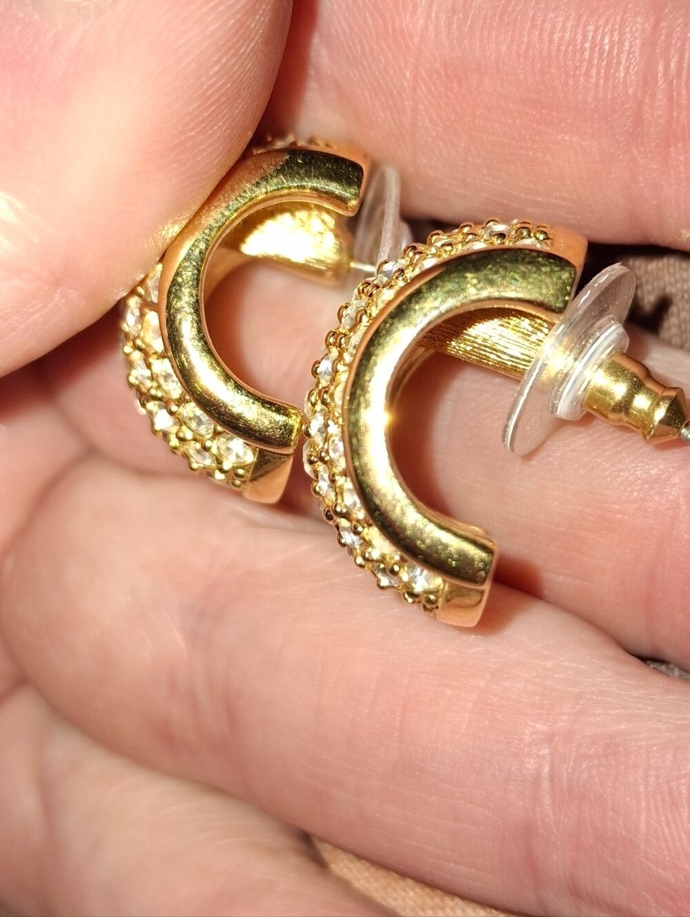Swarovski Crystal Goldtone Pave Pierced Earrings Semi Hoop
