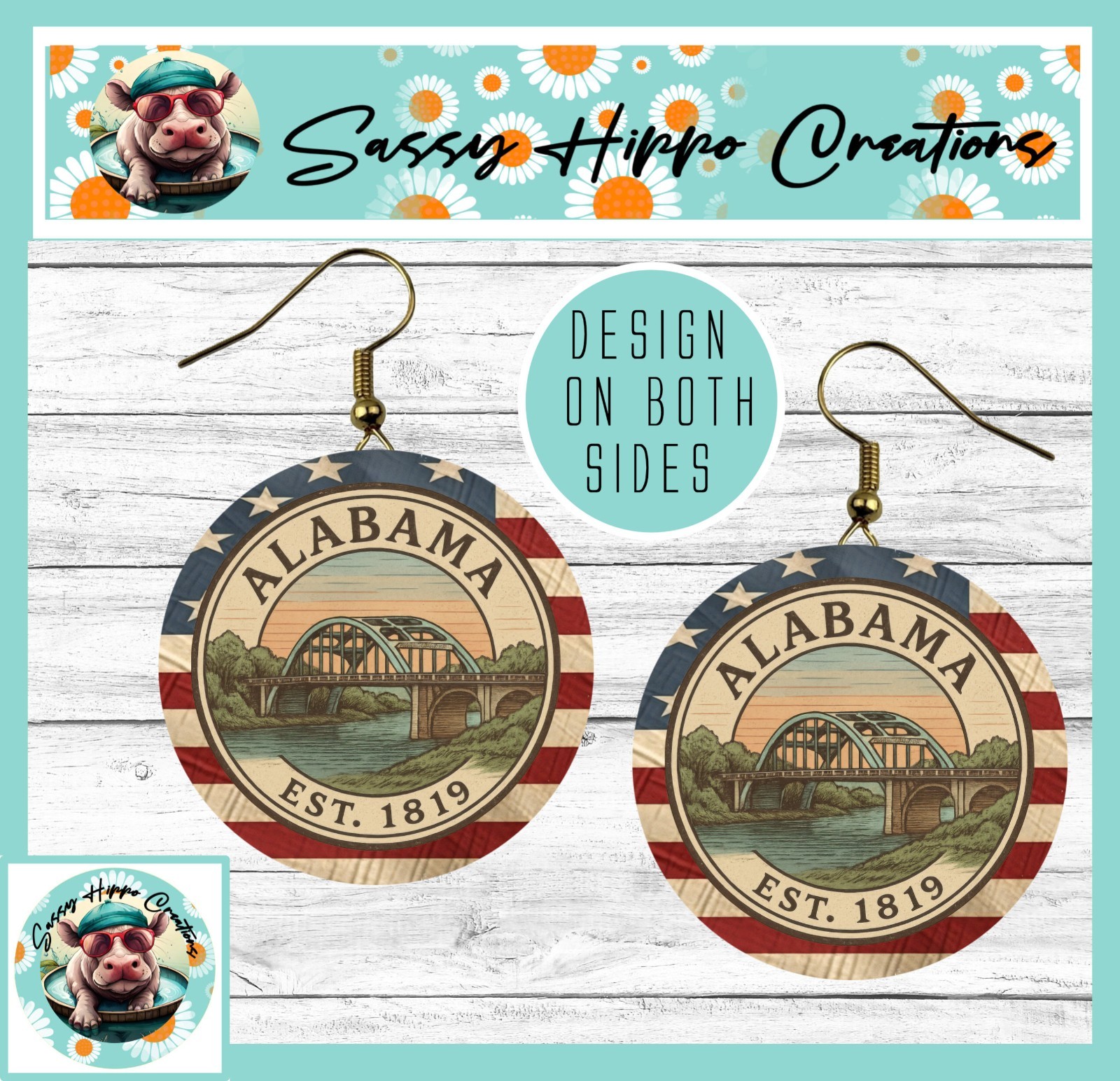 Earrings Round Gold Hook Backs Alabama Established 1819 USA Flag Patriotic