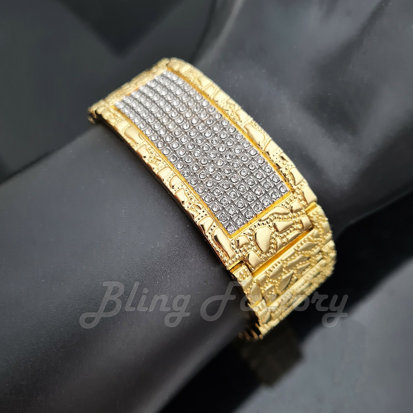 Hip Hop Simulated Diamond Gold Plated Bling Golden Nugget 8.5″ Fashion Bracelet