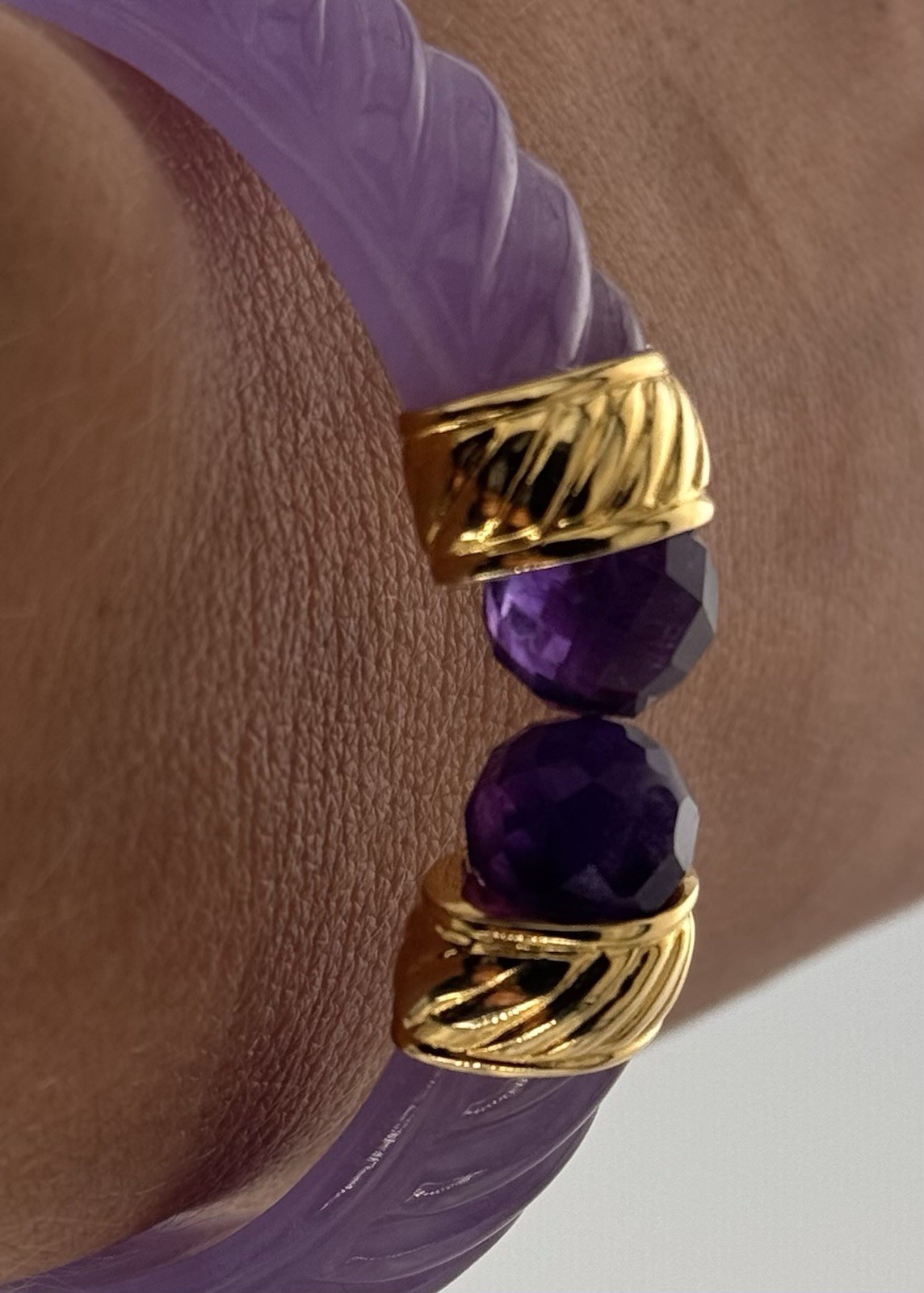 Real Carved Purple Jade Bangle with Gold Plated 925. Rare. Sold Out at $300