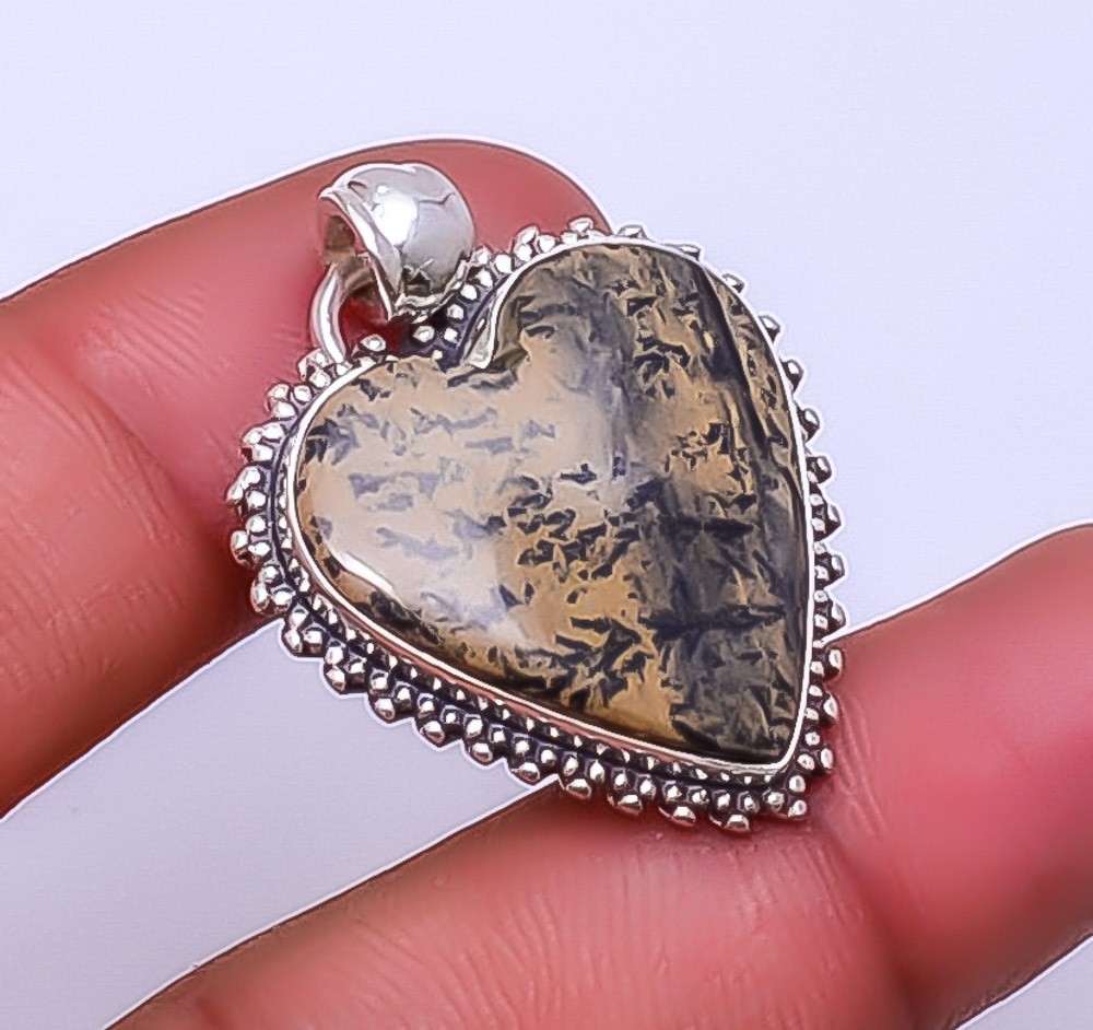 Honey Dendritic Opal – Mexico Gemstone 925 Sterling Silver Pendant 1.56″ P28