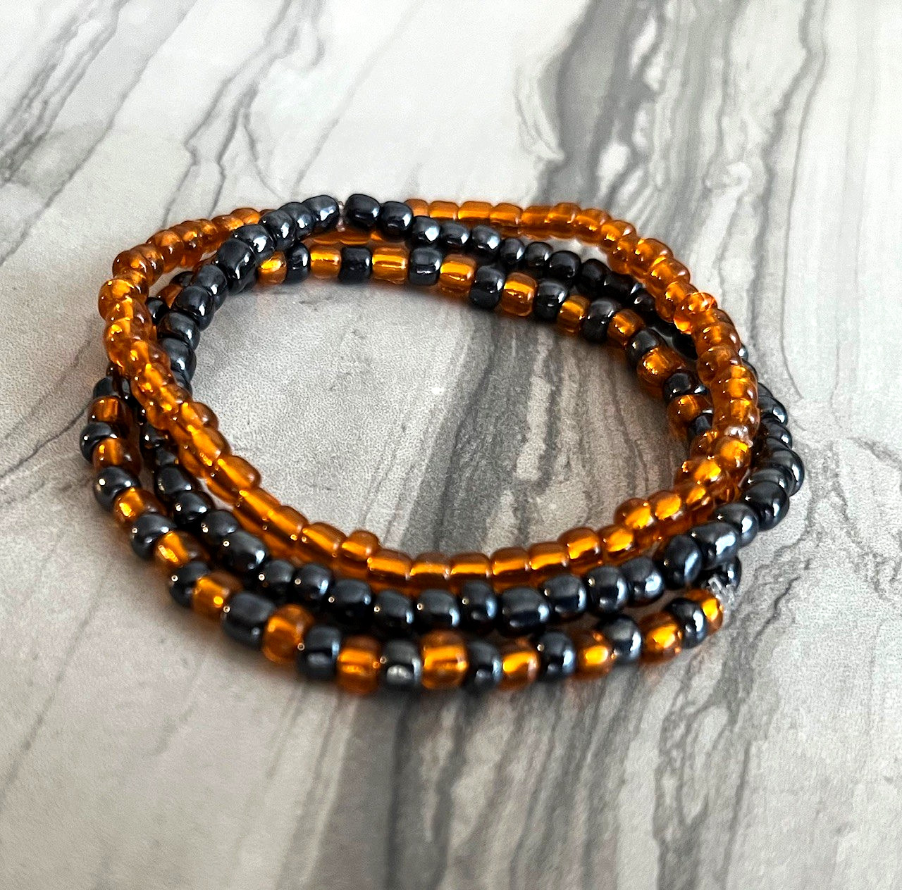 Halloween Fall Shiny Glass Seed Bead Stretch Bracelet Set of 3 Orange Black