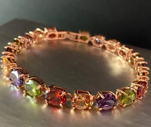 27 CTW Multicolor Gemstone Tennis Bracelet 18K Rose Gold Plated Women Jewelry