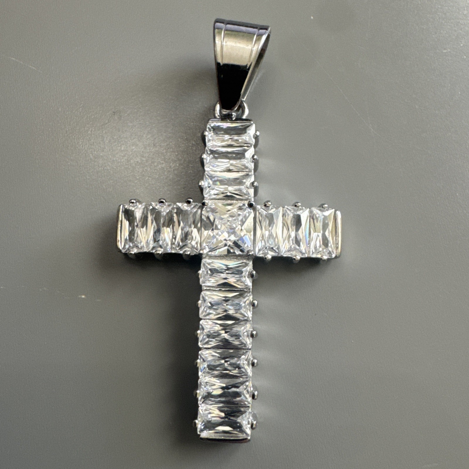 Cross Pendant Cubic Zirconia 24” Chain Silver Plated Religious Faith Gift Unisex