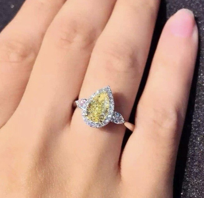 Sparkling Natural Yellow Citrine CZ Halo Teardrop Necklace & Ring Size 10 Set