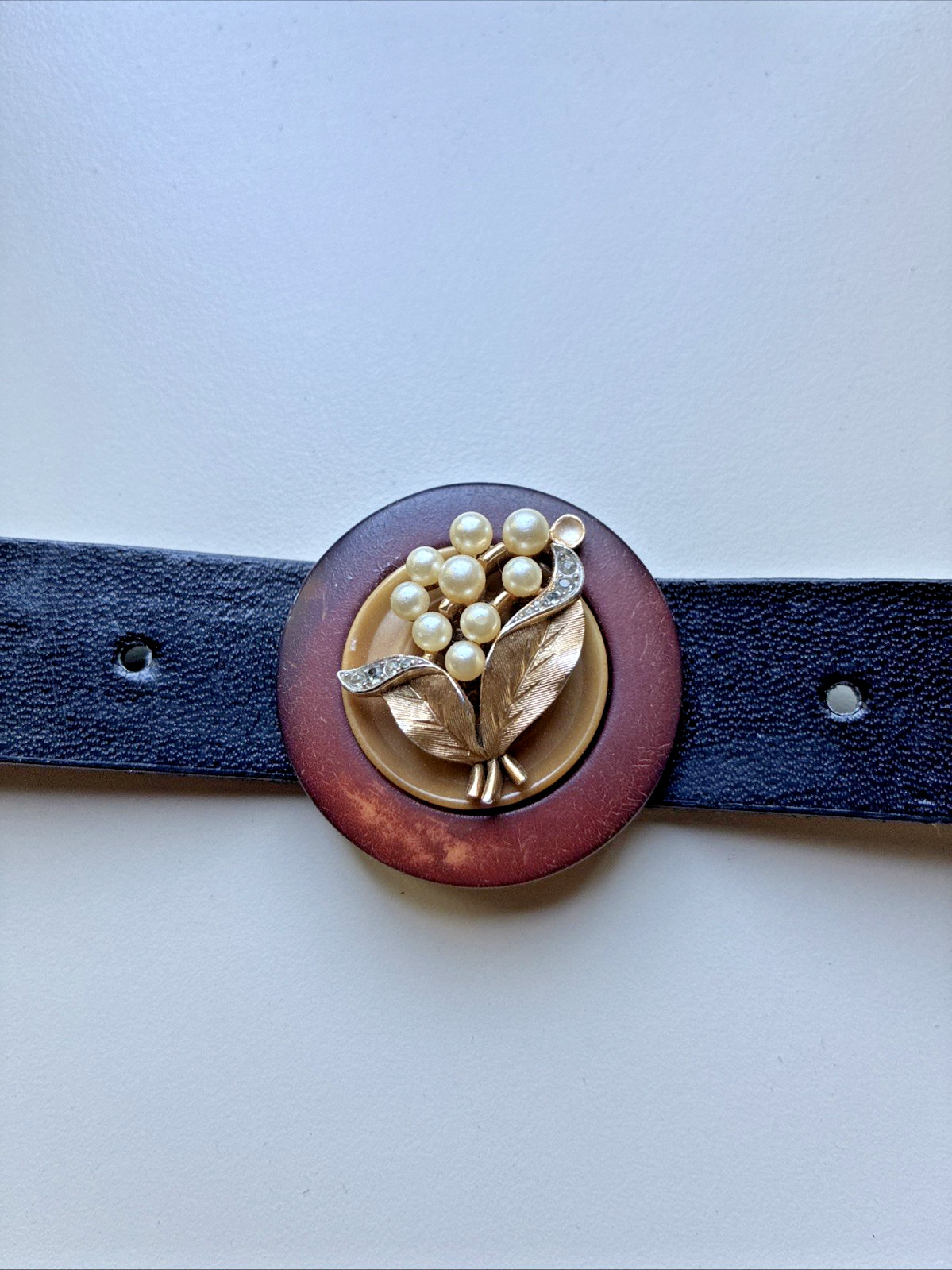 Handcrafted Leather Cuff Bracelet, Snap Closure – upcycled, gold floral pin
