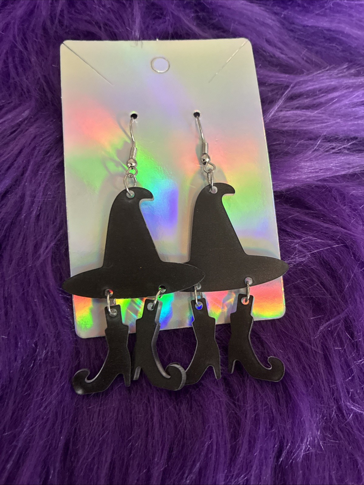 Black Acrylic Witch Hat W Witch Boots Earrings. Unique, Festive, Halloween