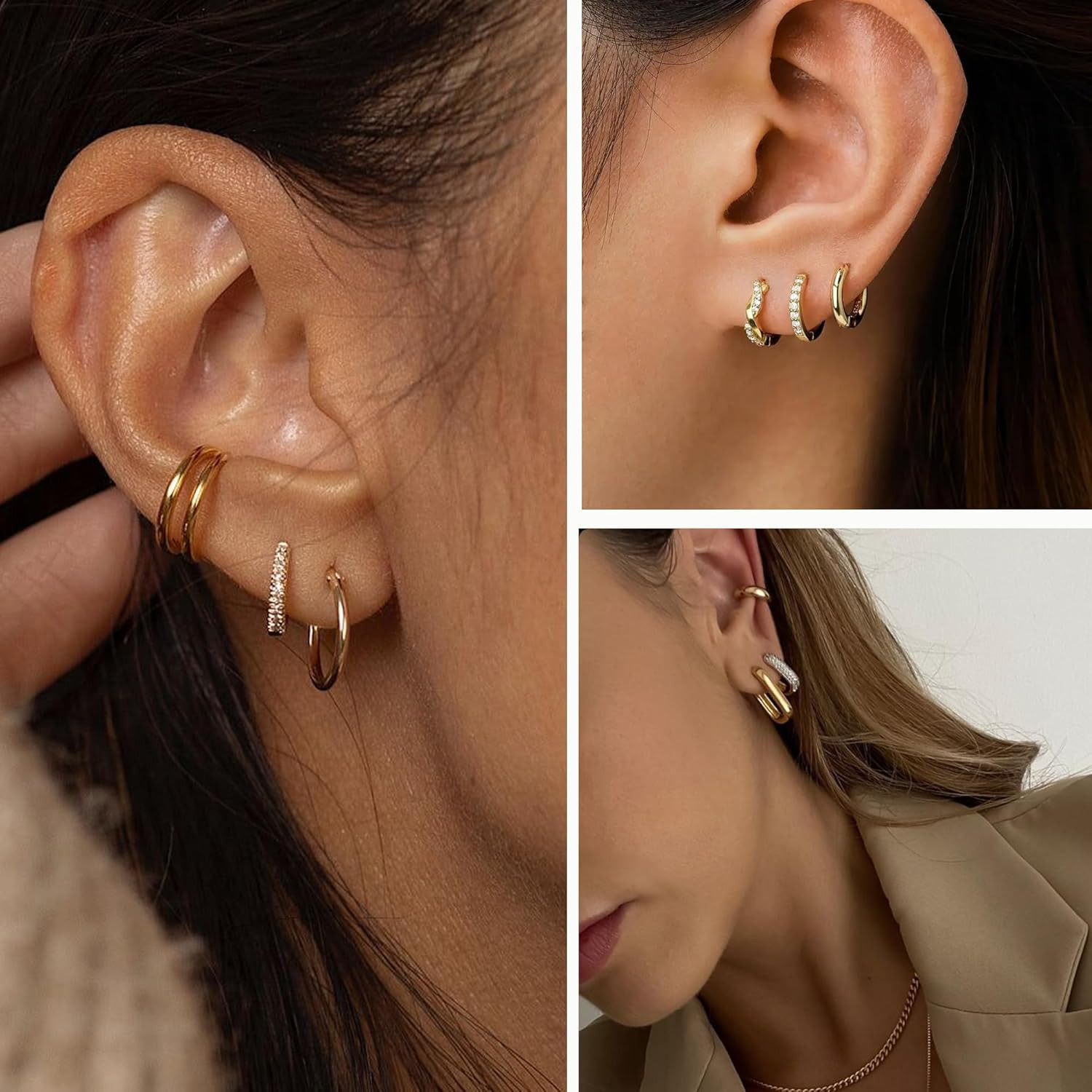 9 Pairs Small Gold/Silver Hoop Huggie Earrings Set for Women, 14K Gold Plated Ch