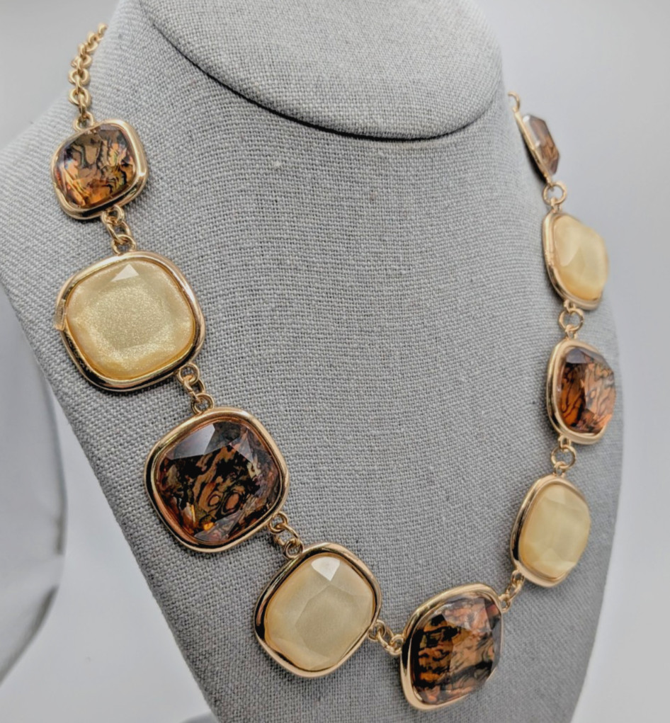 Gold Tone Statement Necklace with Brown & Cream Faceted Square Stones Adjustable