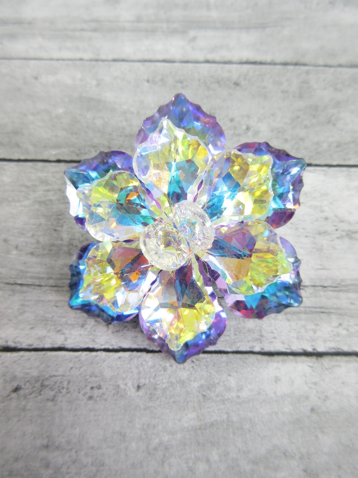 Aurora Borealis Crystal Pin Brooch Flower Glass Bead Jacket Hat Purse Corsage