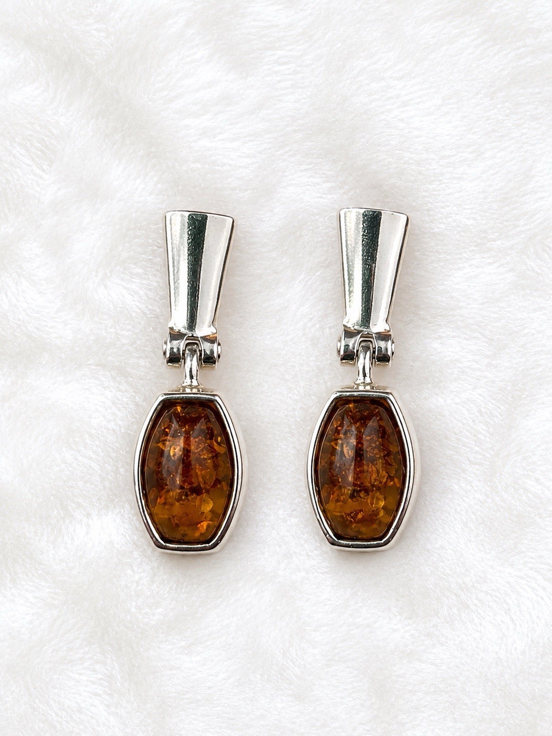 Silver Amber Oval Brown Stone Bezel Dangle Drop Earrings Pierced Back