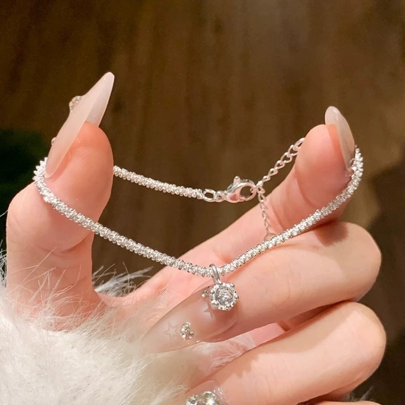 Silver Twisted Spark Chain Halo Zirconia Pendant Adjustable Dainty Anklets Chain