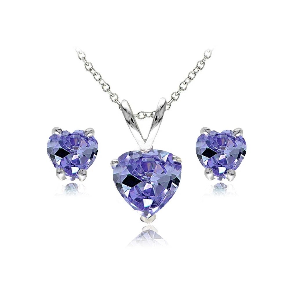 Heart Solitaire Simulated Tanzanite Necklace and Stud Earrings Set in 925 Silver