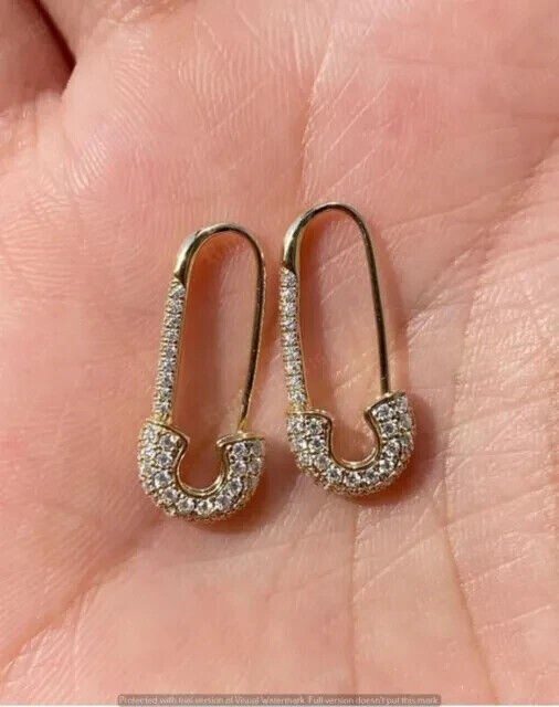 Round Cut Simulated Diamond Safety Pin Drop Earrings In 14K Yellow Gold Plated