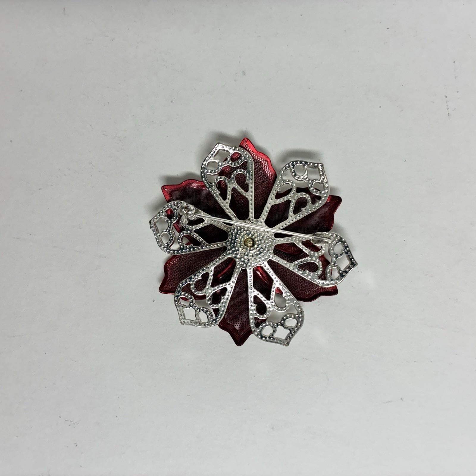 Poinsettia Mesh Metal Brooch Pin, Enamel Red Silver Christmas Flower, 2-1/8 in